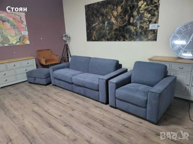 Сив комплект от плат диван тройка с функция сън, фотьойл и табуретка, снимка 4 - Дивани и мека мебел - 50886943