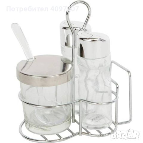 Комплект за маса Bohmann BH 7804, за сол, пипер и захар, поставка с място за салфетки, Стъкло, неръж, снимка 2 - Аксесоари за кухня - 46383746