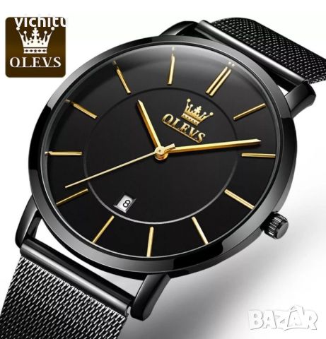 Уникален нов мъжки ръчен часовник Olevs с метална верижка в черен цвят.
