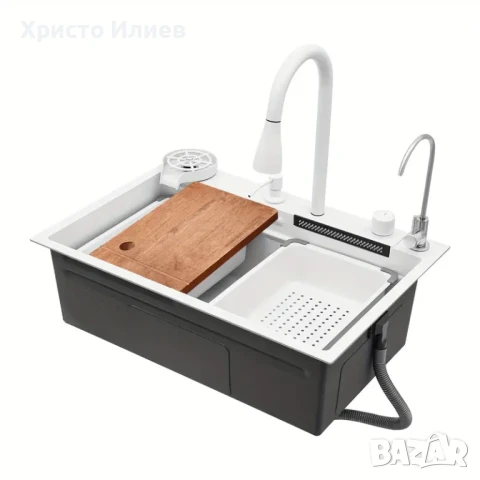Модерна Кухненска мивка с функция водопад Луксозна Мултифункционална 68 х 46см Бяла