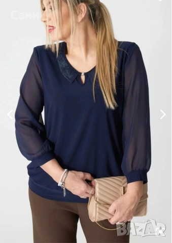Елегантна тъмно синя блуза с яка, снимка 3 - Блузи с дълъг ръкав и пуловери - 54158454
