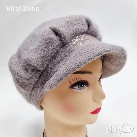 Дамска зимна претена шапка с козирка и декоративни камъчета, снимка 8 - Спортни екипи - 52664816