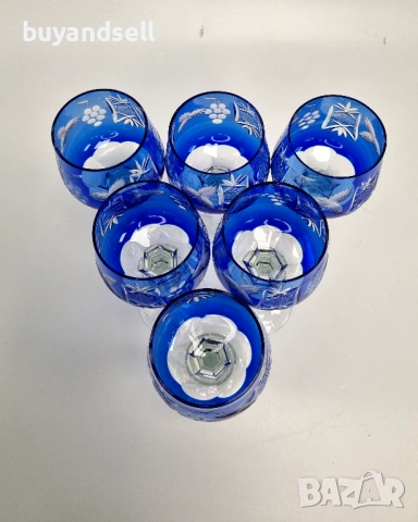 6 чаши кобалтов кристал, ръчна шлифовка, перфектен сервиз, снимка 2 - Сервизи - 54108376