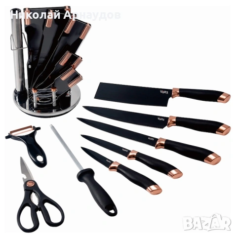 Комплект ножове Oliver Voltz OV51633K9G, 9 части, Поставка, Черен/Розово злато, снимка 2 - Прибори за хранене, готвене и сервиране - 53606587