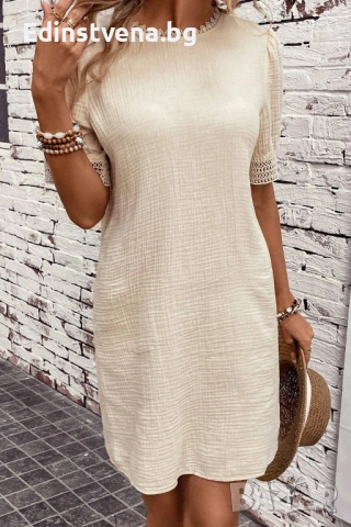 Дамска къса рокля в бежово с къси бухнали ръкави и бродерия, 100% памук, снимка 4 - Рокли - 53124023