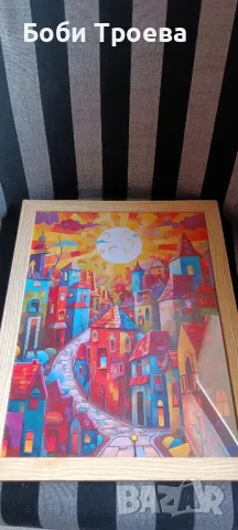 Ярка фантазийна селска сцена с цветни къщи и слънчев дизайн, снимка 4 - Картини - 50304290