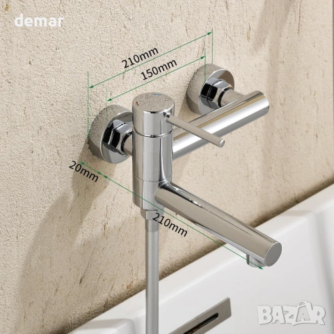 Стенен смесител за вана/душ за открит монтаж, 2-функционален, с въртящ се чучур, хром, снимка 6 - Смесители - 54027260