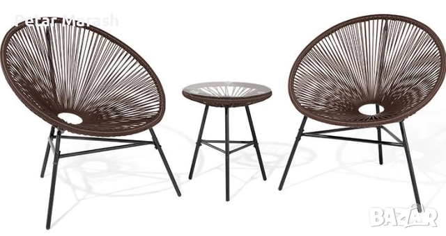 Луксозен Градиснки Комплект Acapulco – Два Кафяви Стола и Кръгла Маса от Ратан и Метал, снимка 5 - Градински мебели, декорация  - 52222747
