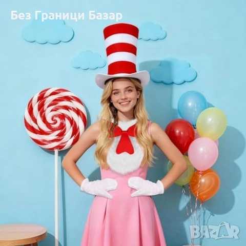 Нов Комплект котешки аксесоари – раирана шапка, папионка, ръкавици, снимка 3 - Други - 53647454