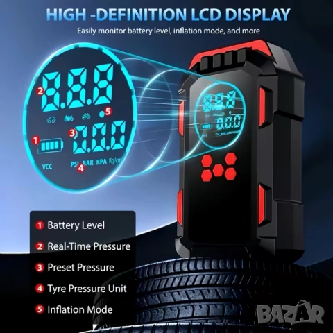 Комбиниран Jump Starter (бичѐ), 8000 mAh, Power Bank, 150 PSI компресор и LED фенер, снимка 6 - Аксесоари и консумативи - 53725990