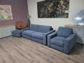 Сив комплект от плат диван тройка с функция сън, фотьойл и табуретка, снимка 4