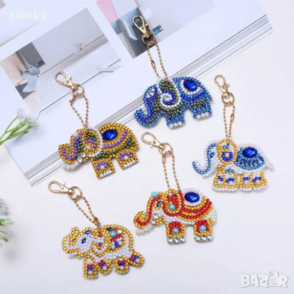 Диамантен гоблен, Ключодържател, Направи си сам, Слонче за късмет, Ръчна изработка, Блясък, Оригинал, снимка 1