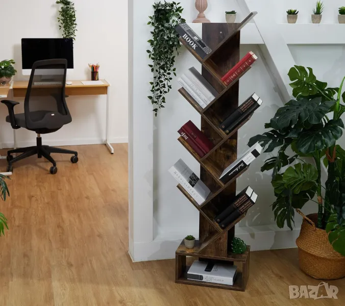 Дървена библиотека за книги тип дърво 9 рафта + чекмедже, бял, венге, снимка 1
