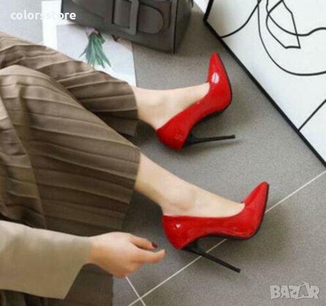 Обувки на ток - червен лак с черен ток - 6060, снимка 1
