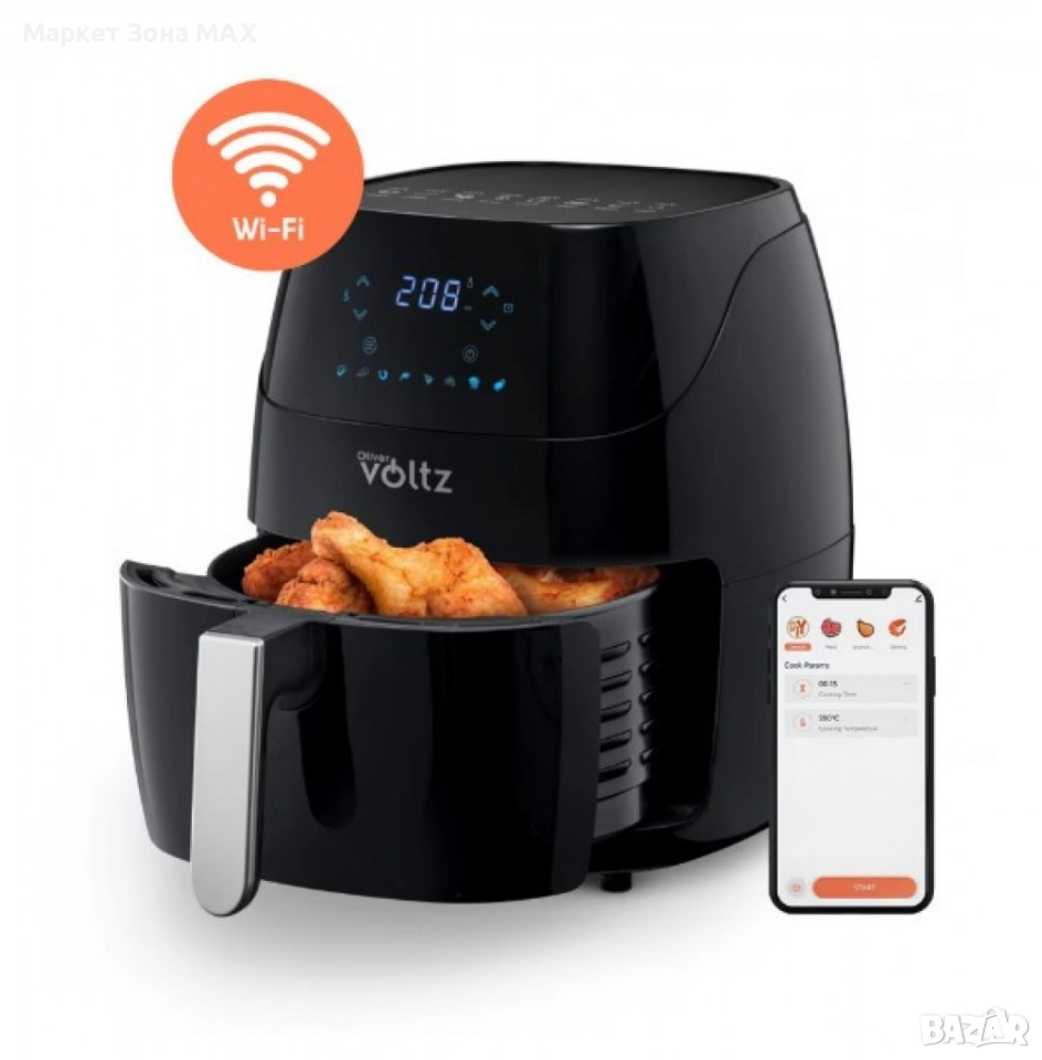 Фритюрник AirFryer Voltz, 1500W, 5л., Горещ въздух, Таймер, до 200°C, Черен - Гаранция 24 месеца , снимка 1