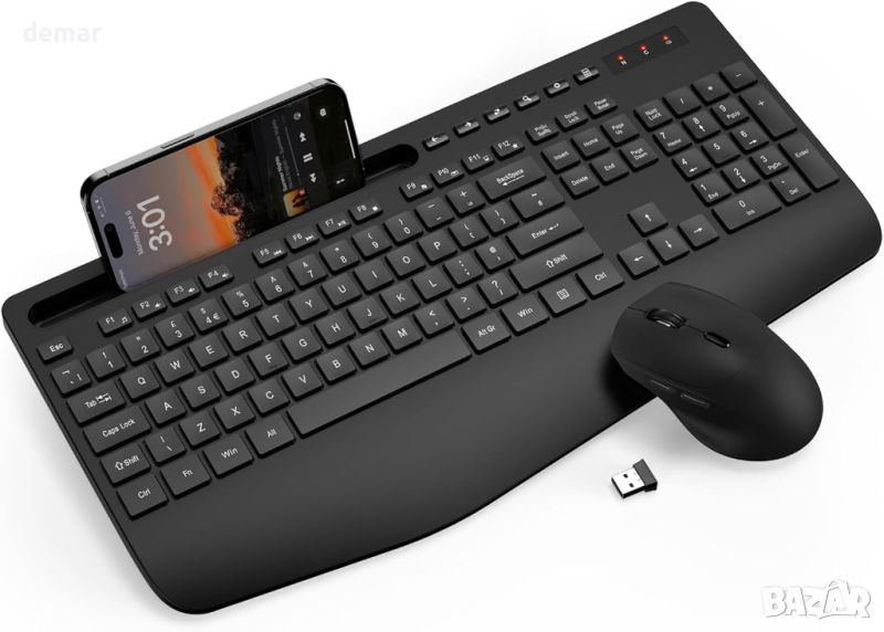 Комбинирана безжична клавиатура и мишка, ергономична клавиатура в пълен размер с опора за китката, снимка 1