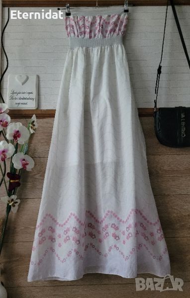 Дълга лятна бяла рокля на розови цветчета , снимка 1
