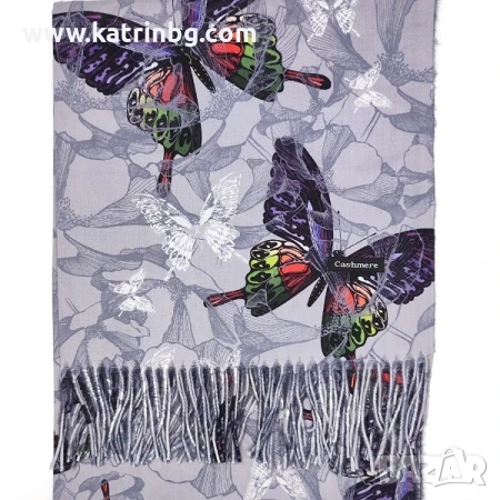 Кашмирен дамски шал в сиво с пеперуди Код на продукта:sh-10-2, снимка 1