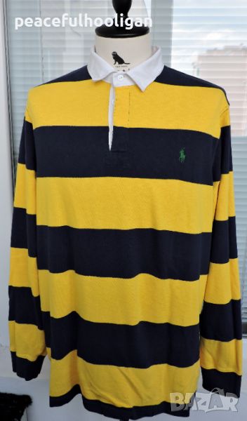Polo Ralph Lauren Vintage 90’s Pique Rugby Shirt Men’s Yellow/Blue Striped XL, снимка 1