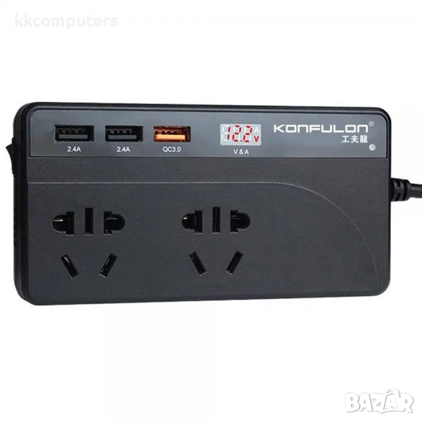 Инвертор за автомобил 12V - 220V/200W/ KONFULON CZ-01 / 3x220V Universal socket / 3xUSB 3.0 / Черен , снимка 1