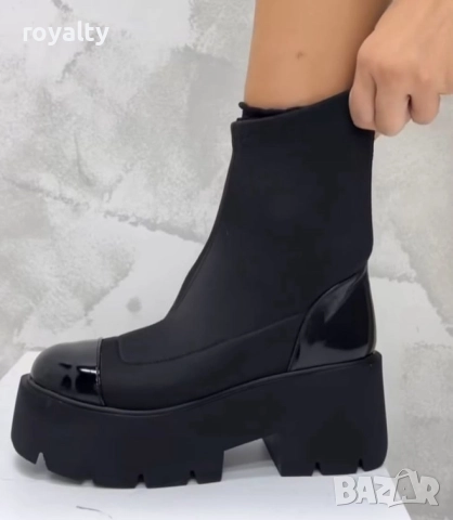 Боти на платформа - черен неопрен и лак, снимка 4 - Маратонки - 51943926