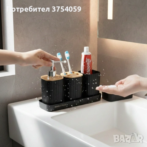 Комплект аксесоари за баня 5 части с табла Cheffinger–диспенсър,чаша,сапунерка и поставка за четка, снимка 4 - Други стоки за дома - 53174965