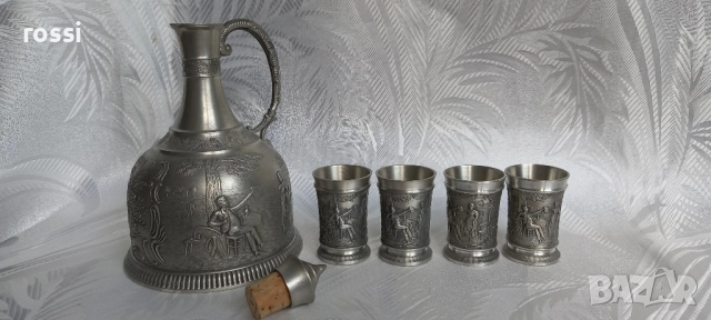 Vintage. Нов немски калаен сервиз за ракия, мотив "Lindenwirtin", снимка 3 - Антикварни и старинни предмети - 51571564