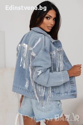 Дамско дънково яке в синьо с пайети и ефектни ресни, снимка 2 - Якета - 50791428