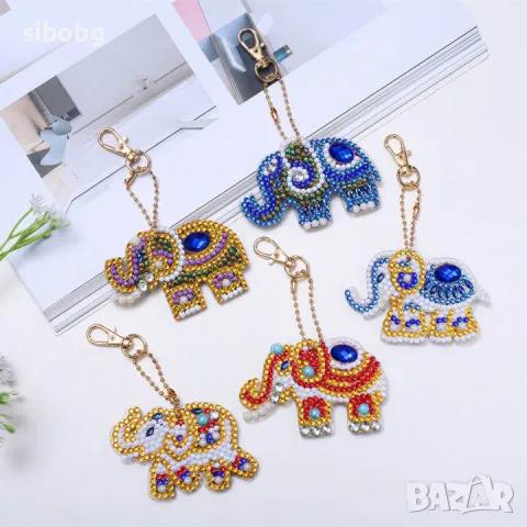 Диамантен гоблен, Ключодържател, Направи си сам, Слонче за късмет, Ръчна изработка, Блясък, Оригинал, снимка 1