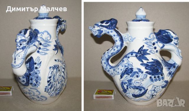 Стар китайски порцеланов съд: чайник или кана за оризово вино, ръчно рисуван, отличен, снимка 5 - Антикварни и старинни предмети - 45999203