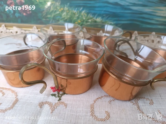 Комплект 6 чаши от боросиликатно стъкло, с медни подстакани И меден поднос, снимка 8 - Сервизи - 51064198