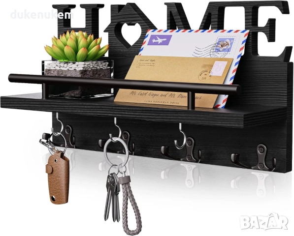 Дървена кутия за ключове за стена с 11 куки и рафт, бяла или черна