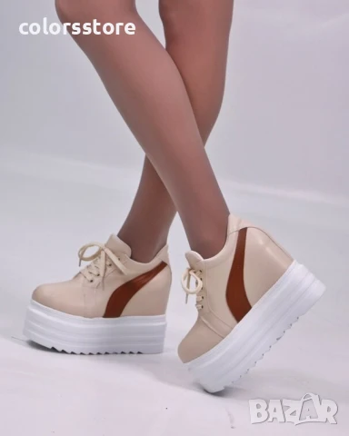 Кецове на платформа - бежови с кафява лента - SJN56

, снимка 2 - Кецове - 50901931