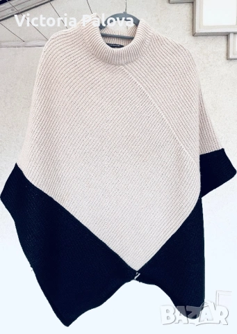 Луксозно дизайнерско пончо René Lezard – вълна и памук, асиметрия, черно/екрю, снимка 8 - Блузи с дълъг ръкав и пуловери - 53892069