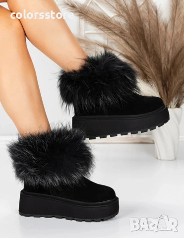 Боти на платформа - черен ЕСТЕСТВЕН велур с черен ЕСТЕСТВЕН косъм - 3ASJN73 