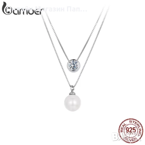 BAMOER Сребърно двойно колие с 0.5к диамант мойсанит и перла
