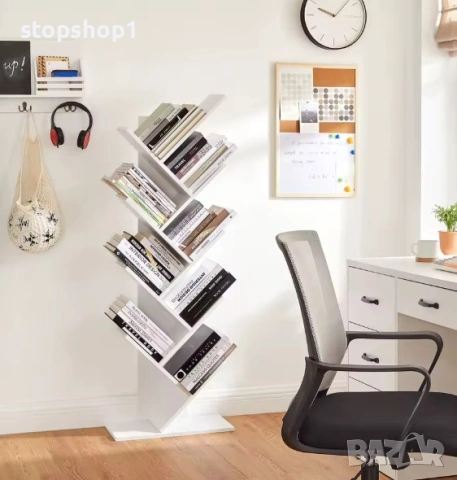   Vasagle 8-етажен дървен рафт за Книги, CD-та във формата на дърво за хол, офис, бял, снимка 2 - Етажерки - 53963472