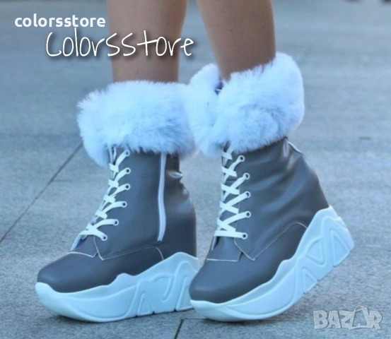 Боти на платформа - сива кожа с бял пух и бяло ходило - BPH1 