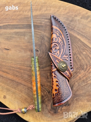 Уникален ловен нож дамаска стомана,фултанг с кожена кания LN422, снимка 9 - Ножове - 52212970