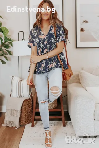 Дамска блуза с къс ръкав, флорален принт и ефектен гръб, снимка 1