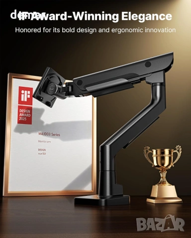 Рамо за монитор monTEK с USB 3.0 A/C, 17–57”, до 27 кг, газова пружина, VESA 75/100, черно, снимка 5 - Стойки, 3D очила, аксесоари - 53837094