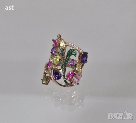 Сребърен пръстен с разноцветни камъни, снимка 3 - Пръстени - 53914009