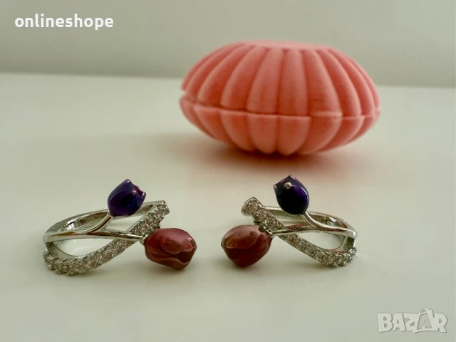 Сребърни обеци S925 с камък - цирконий - Роза, снимка 5 - Обеци - 51229631