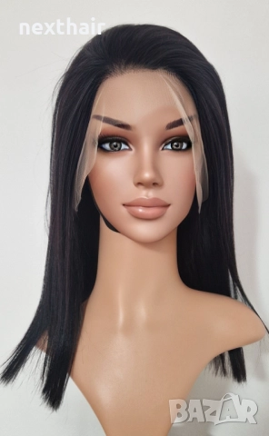 Натурално черна перука от естествен бразилски косъм 40 см - дантелена зона 13×4, снимка 3 - Аксесоари за коса - 52987300