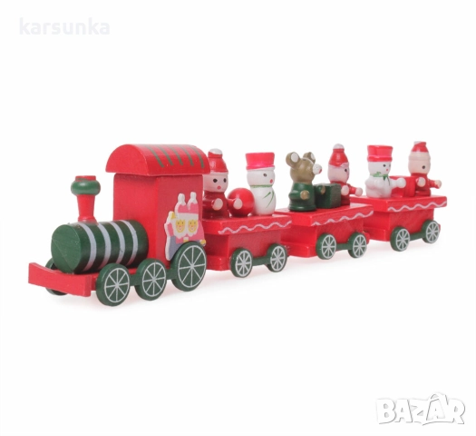 Дървена фигурка - влакче с локомотив и 3 вагончета.
