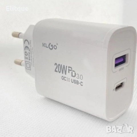 Адаптер за бързо зареждане KLGO PD-300, USB-A/USB-C, FAST CHARGING 20W, снимка 3 - Друга електроника - 53389432