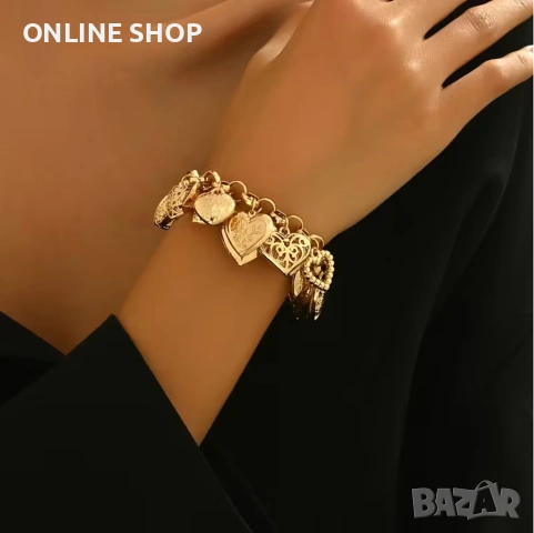 Елегантна Гривна Огледална Любов – 14K Златно Покритие и Нежни Сърца, снимка 8 - Гривни - 53715750