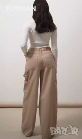 УНИКАЛЕН панталон с широки карго крачоли в бежово, снимка 4 - Панталони - 45033888