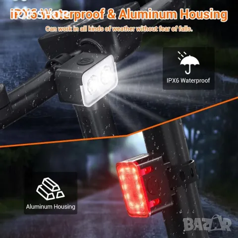 Велосипедни светлини RIDWIND за нощно каране, IPX6, предни и задни, презареждащи се, снимка 6 - Аксесоари за велосипеди - 49500159