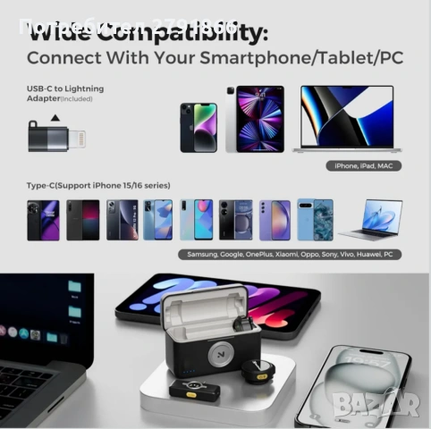 Безжични микрофони NearStream Lavalier с шумопотискане,200м. предаване за смартфон/DSLR/фотоапарат, снимка 7 - Микрофони - 53738023